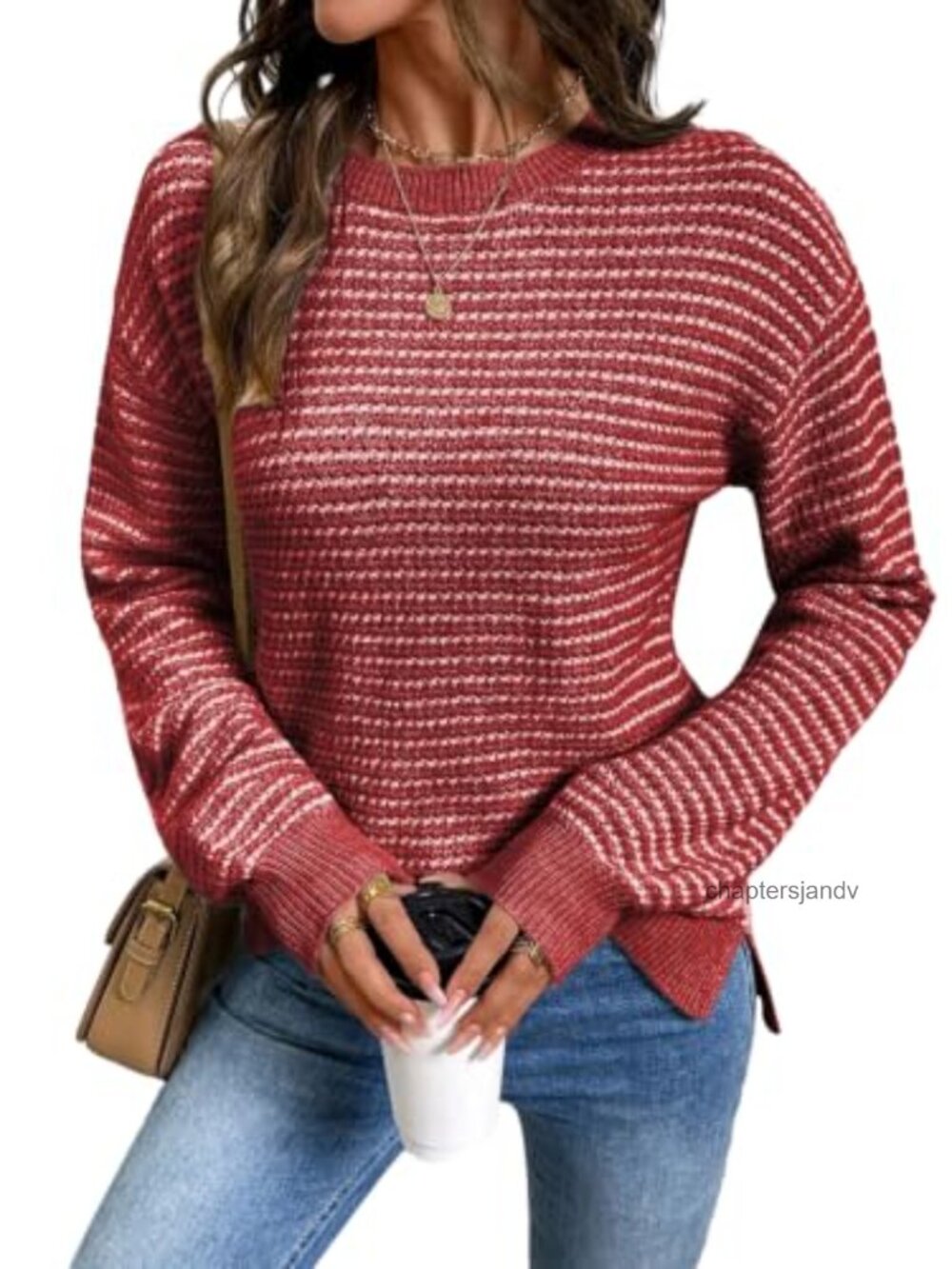 Women's Long Sleeve Crewneck Striped Pullover Sweater Side Split